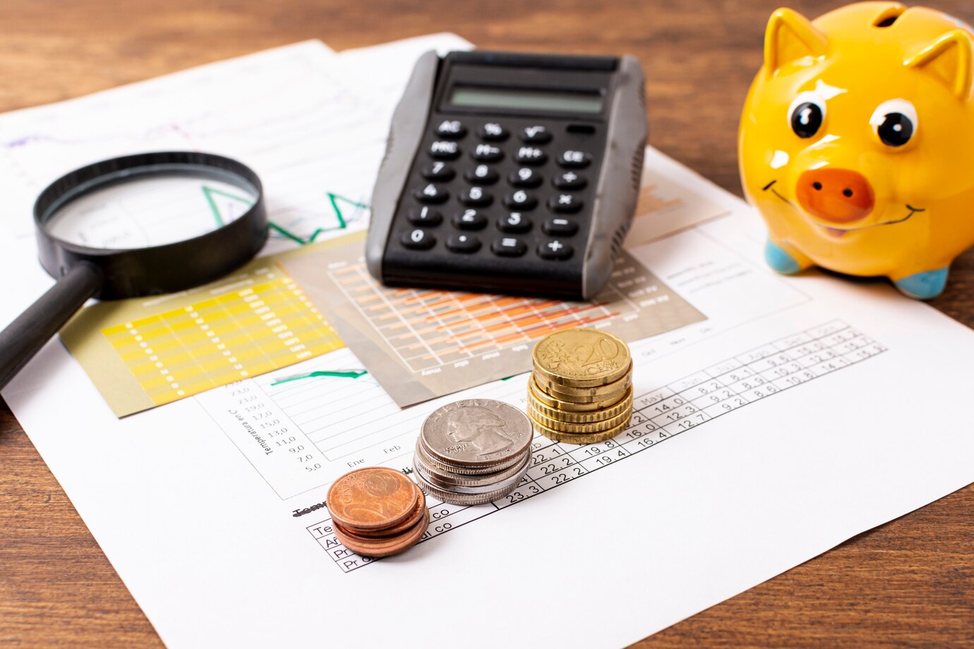 calculator, coins, and a piggy bank on financial documents
